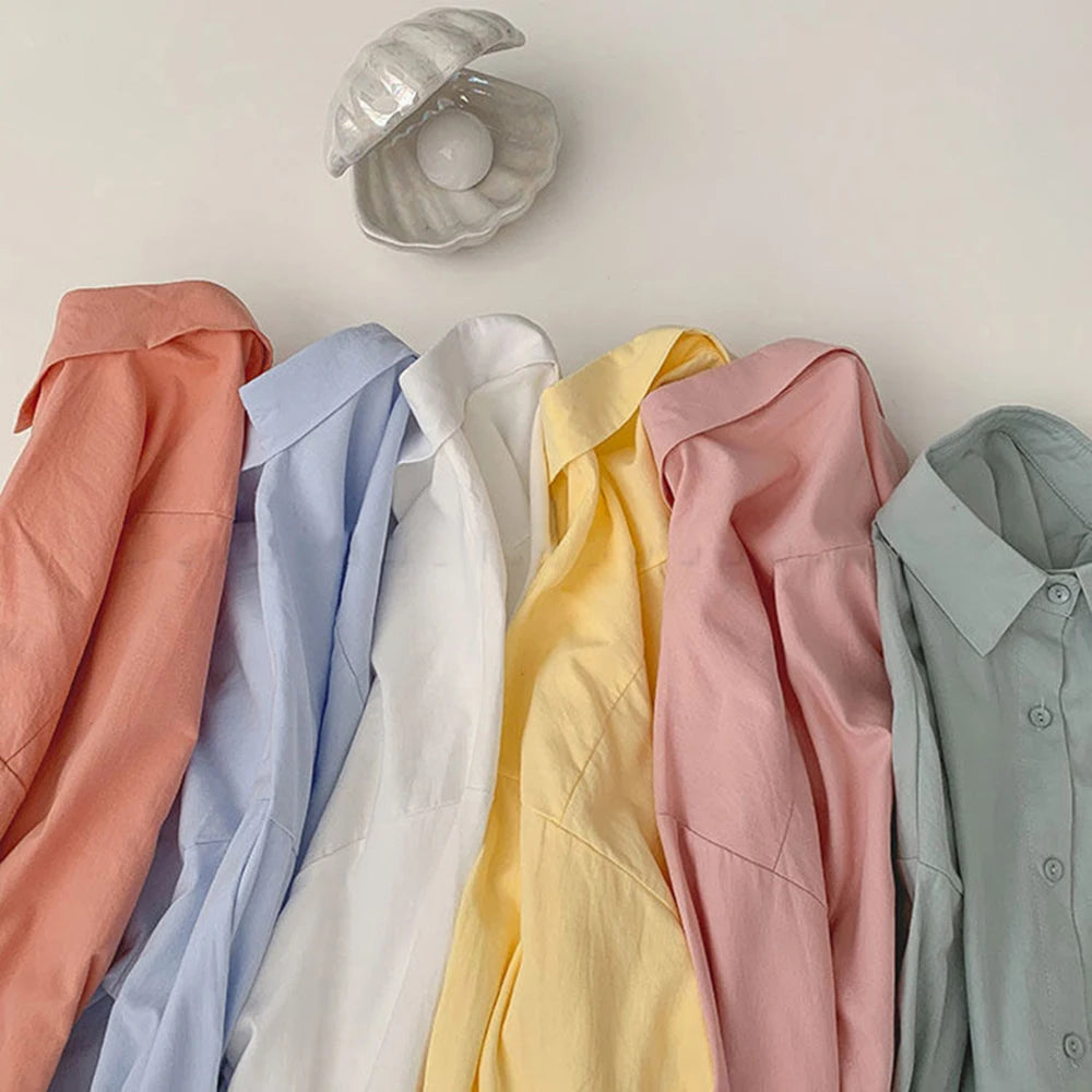 Solid White Shirt Women Casual Turn Down Collar Long Sleeve Pocket Women's Tops And Blouses Spring Office Lady Plus Size Shirts