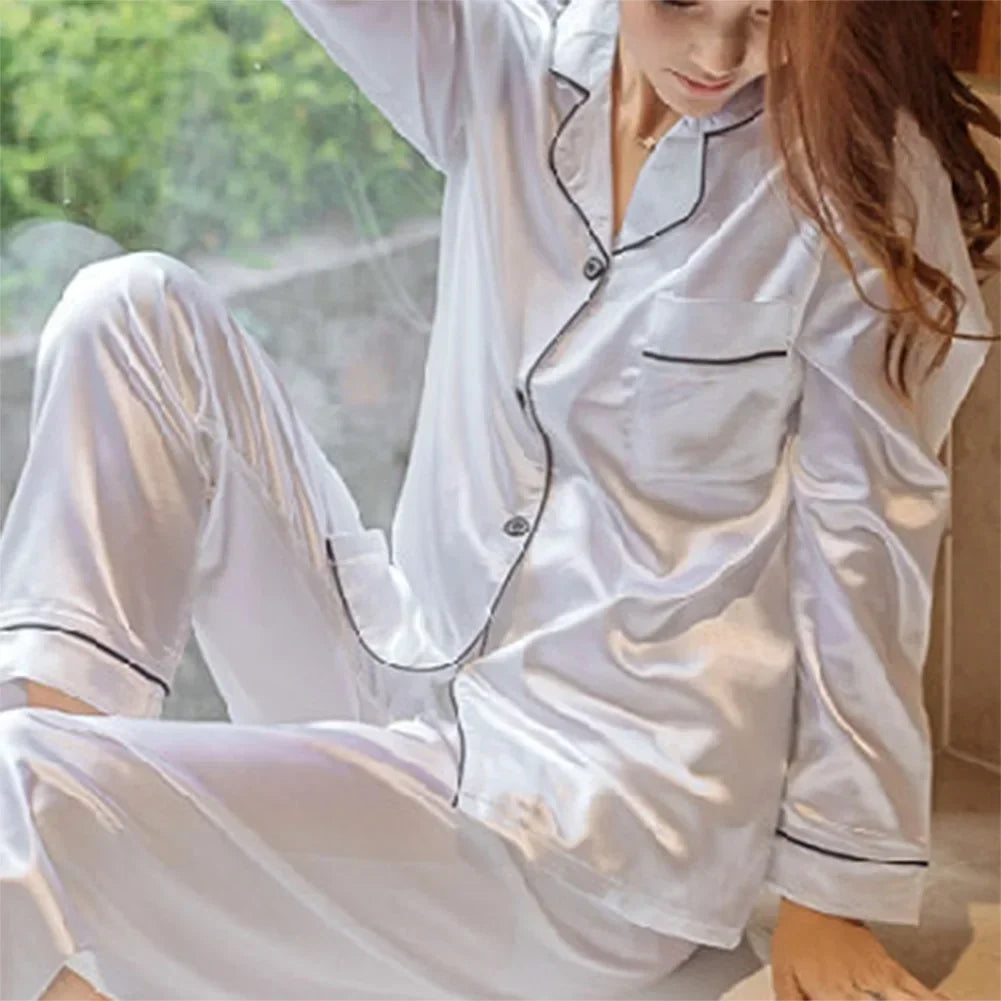 Women Satin Long Sleeve Pajama Set Lapel Top And Pants Solid Pajamas Loungewear 2025 New Arrival Drop-shipping