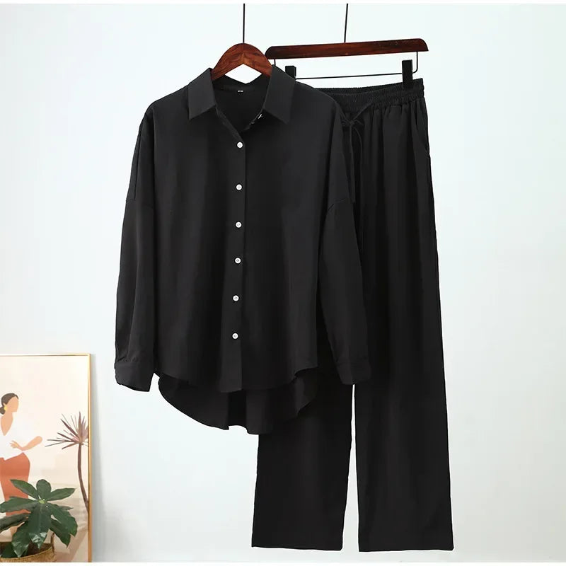 Holiday Wide Leg Pants Set Two Piece Set Women Vintage Boho Maxi Shirt Autumn Casual Loose Work Streetwear Y2k 2025 Outfits