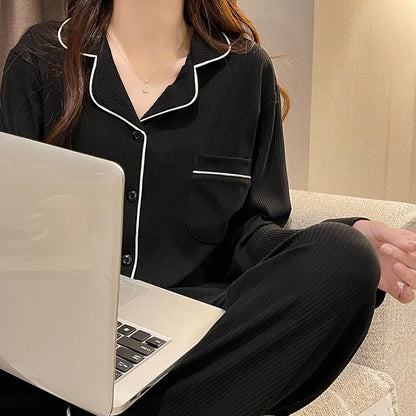 Black Sleepwear Women Pajama Sets Korean Pajama Autumn Pants Sets for Women 2 Pieces Button Night Wears Long Sleeve Home Suit