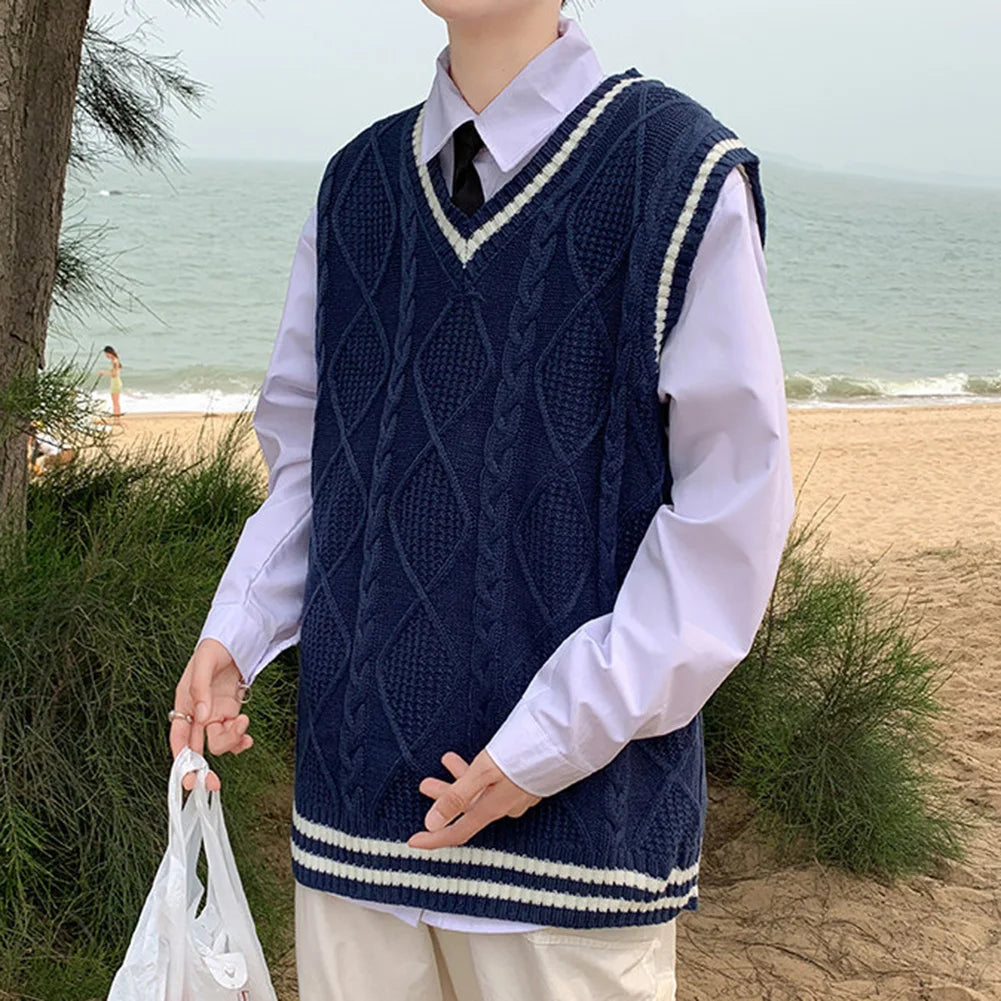 Men's Classic Contrast Color Thermal V-Neck Comfortable Cardigan Sleeveless Slight Stretch Solid Vest Simple Loose Waistcoat Tops