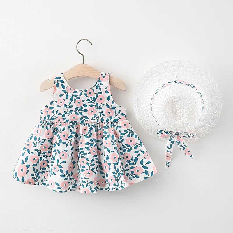 New In Summer Baby Girl Clothes Korean Cute Bow Dot Sleeveless Cotton Princess Dress+ Sunhat Toddler Dresses Sets BC007-1