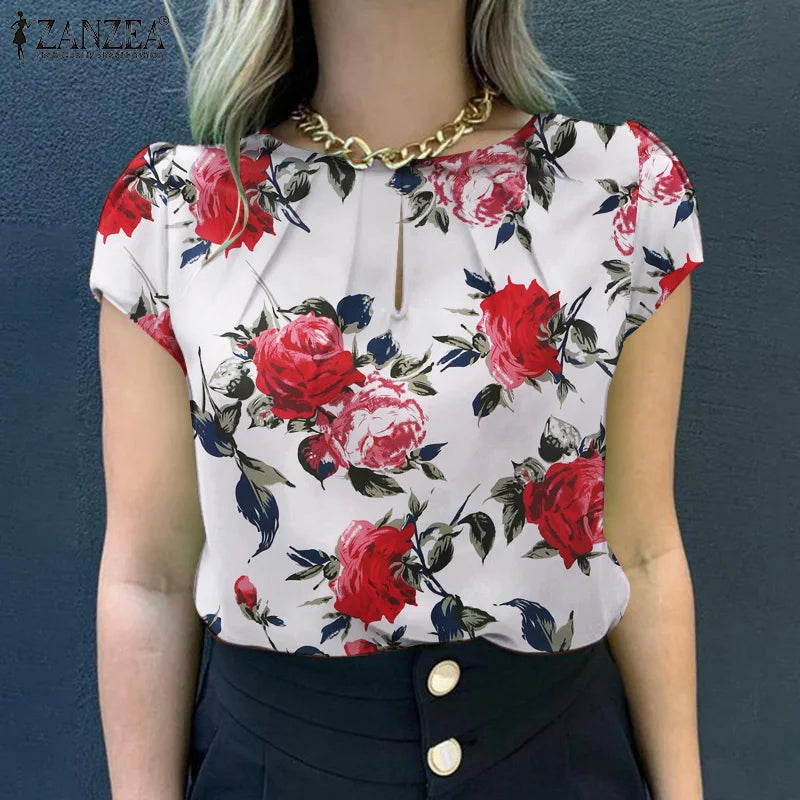 ZANZEA Summer Bohemian Short Sleeve Floral Printed Blouse Women Vintage Holiday Party Shirt Casual Beach Tops Tunic Bulses 2025