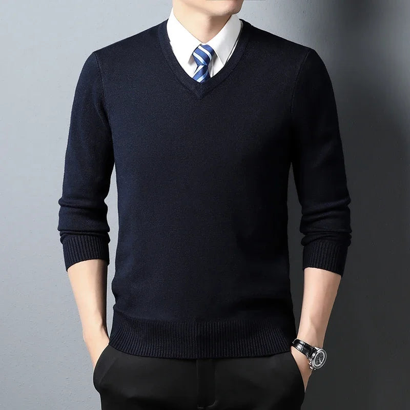 Men's Sweater Fashion Solid Color Warm Sweater Business Casual Heart Neckline Sweater Pullover Men