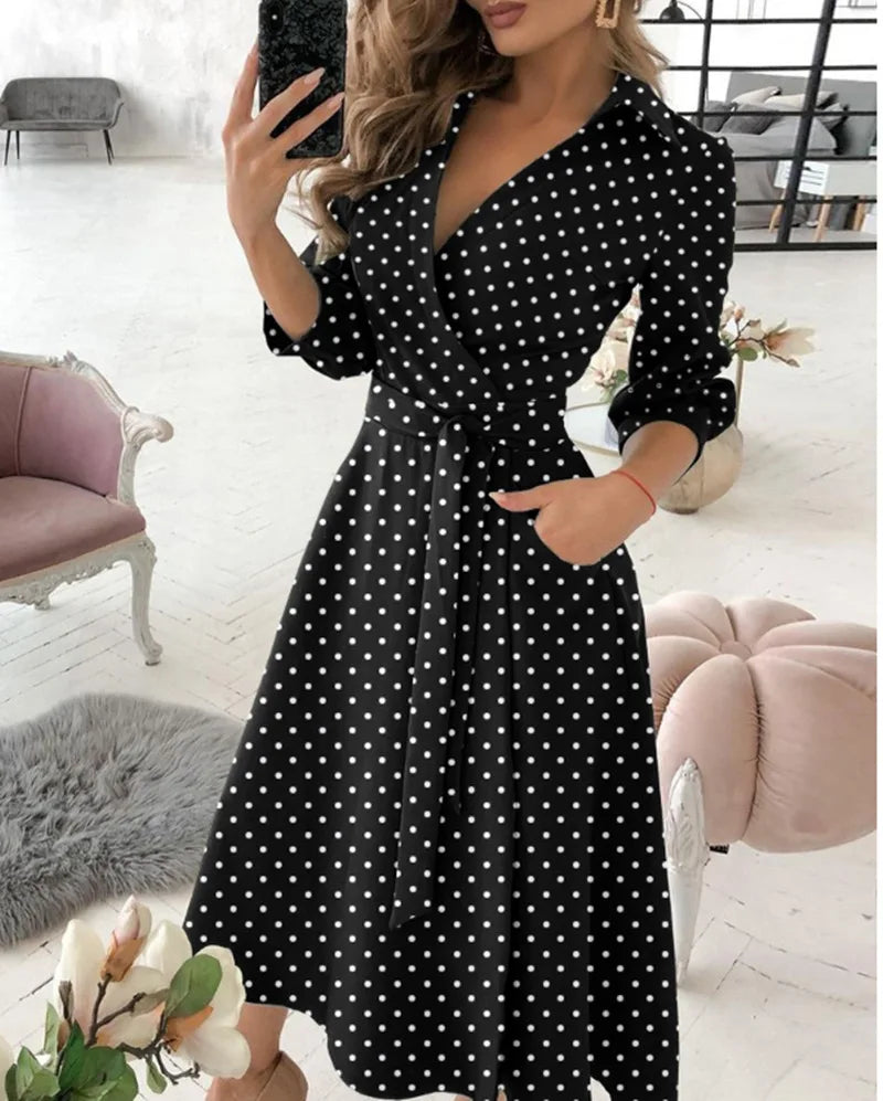 Office Women Casual Sashes A-Line Wrap Summer Dress 2025 Print Long Sleeve V-Neck Dress Pocket Elegant Midi Party Dress Vestidos