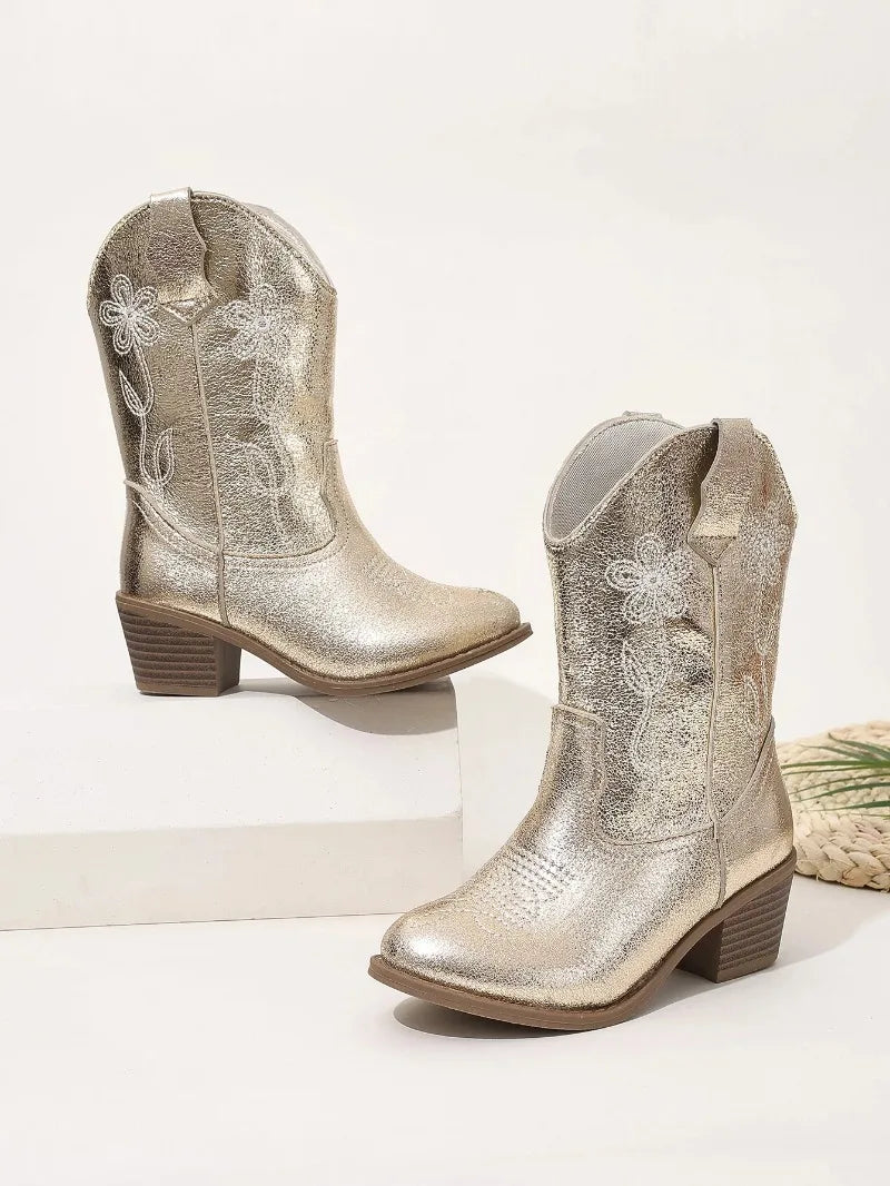 Luxury Gold Silver Western Knee High Boots Girls Premium Quality Slip-on Cowboy Long Booties Kids Heeled Point Toe Floral Botas