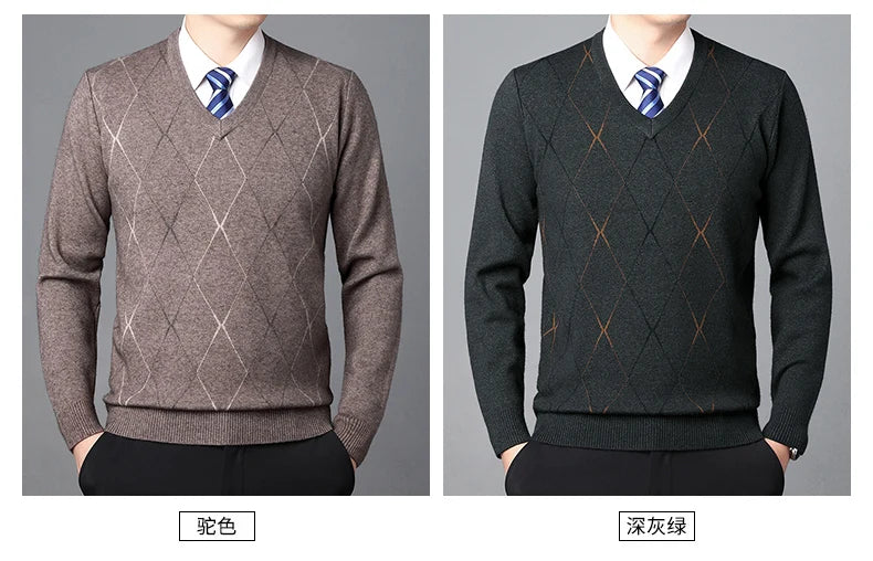 Men's Sweater Fashion Solid Color Warm Sweater Business Casual Heart Neckline Sweater Pullover Men