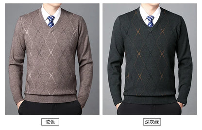 Men's Sweater Fashion Solid Color Warm Sweater Business Casual Heart Neckline Sweater Pullover Men
