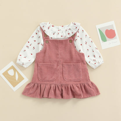 2Pcs Newborn Baby Girl Clothes Set Floral Print Long Sleeve Romper Pocket Corduroy Strap Suspender Skirts Girls Spring Outfits