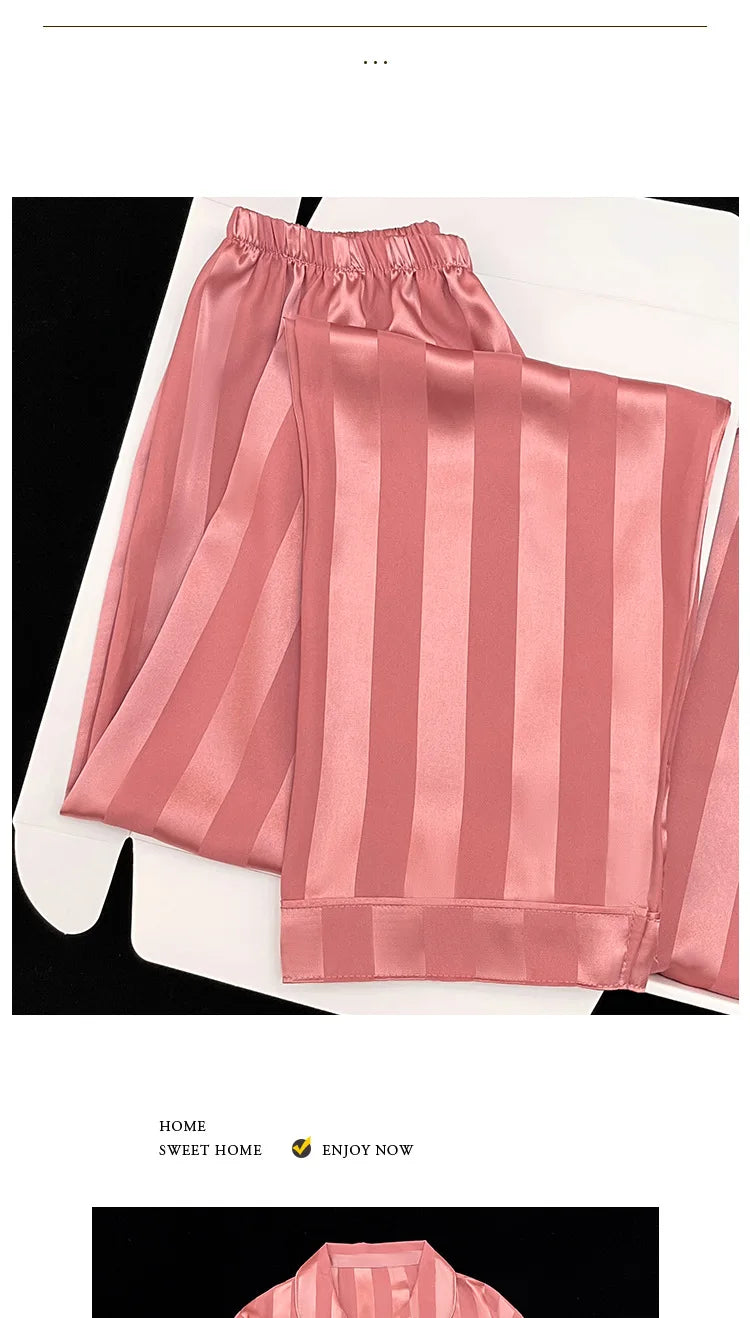 Women's Pajamas Sets Spring Autumn 2 Piece Striped Pajama Faux Silk Satin Sleepwear Long Sleeve Button Pajama Mujer Pjs Home wear