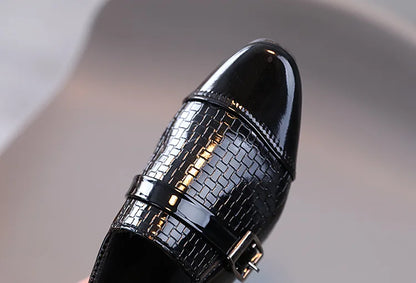Boys Leather Shoes 2022 Spring Autumn Kids Performance Mary Janes Shoes for Party Wedding Shows Solid Black Slip-on Shoes