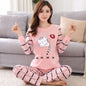 Spring Thin 2pieces Pajamas Set Women Tops 2025 Cotton Round Neck Girls Pajamas Sets Teacup Cat Sleepwear Clothes Pajamas