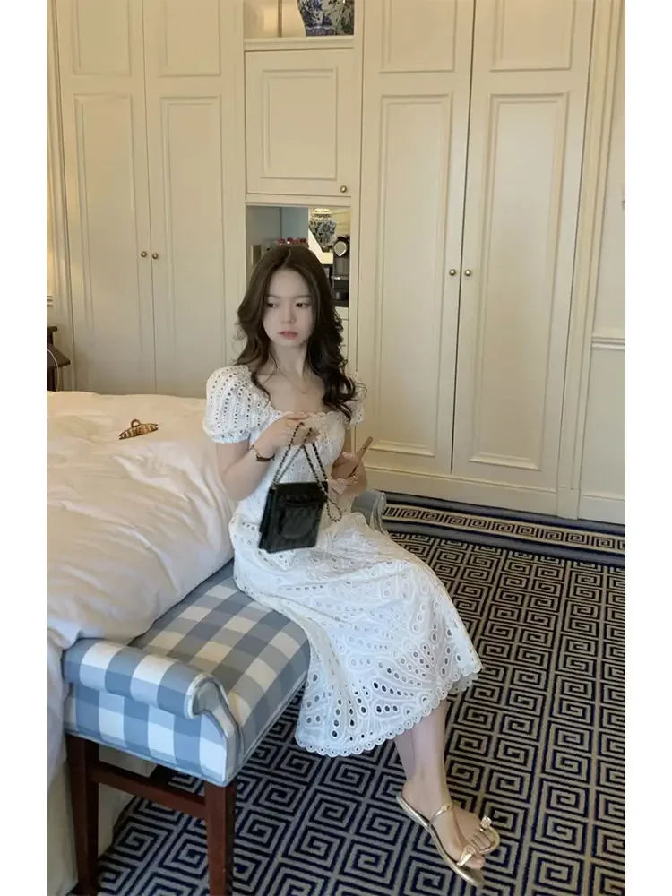 Summer Elegant Korean Chic White Midi Dress Women French Hollow Out Sexy Kawaii Vestidos De Fiesta Fashion Short Sleeve Dress