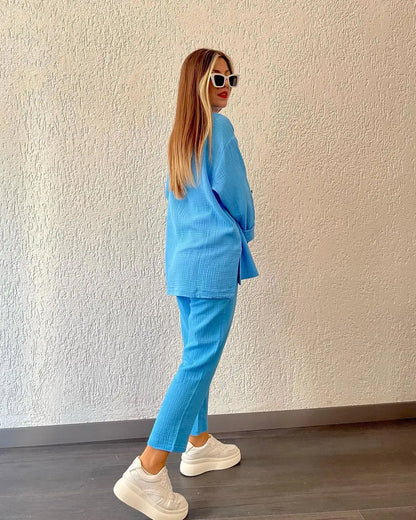 Summer outfits for women 2025 New Loose Button Long Sleeve Shirt and Cropped Pants Casual Sports Summer women's suit Pants Set