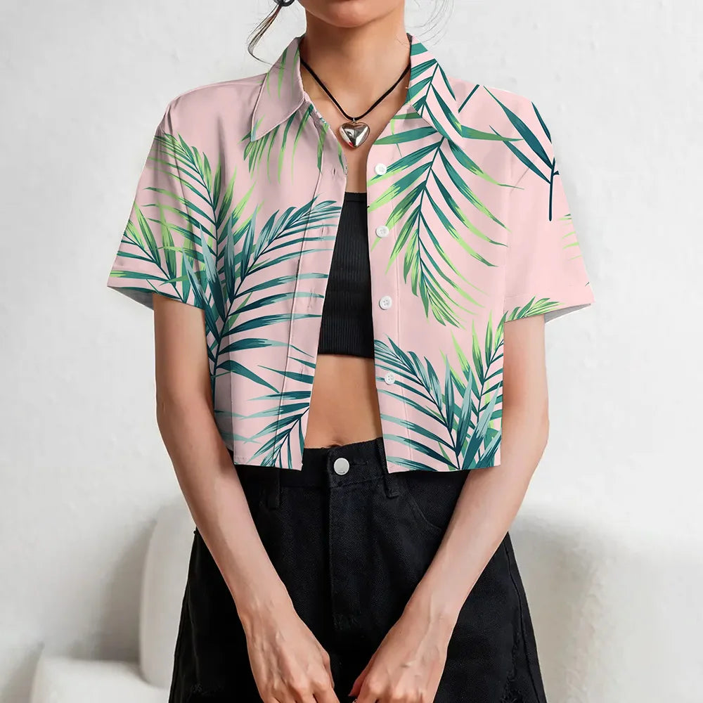 Women's Lapel Button Tank Tops Shirts Summer Casual Short Sleeve Shirts 3D Cherry Printed Women's Clothing Navel Exposed Shirts