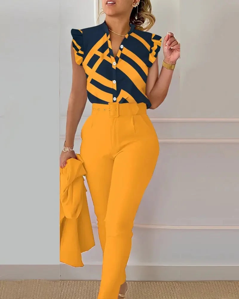 Womens Elegant Slim Two-Piece Sets Summer Fashion Print V Neck Button Flying Sleeve Shirt Top & Solid Long Pants Suits With Belt