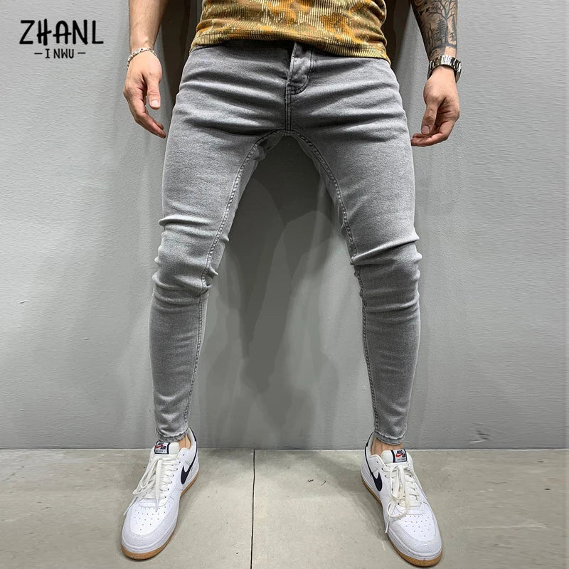 Men's Stretchy Ripped Skinny Embroidered Jeans Men's White Pants Destroyed Hole Slim Fit Denim High Quality Hip Hop Men trousers