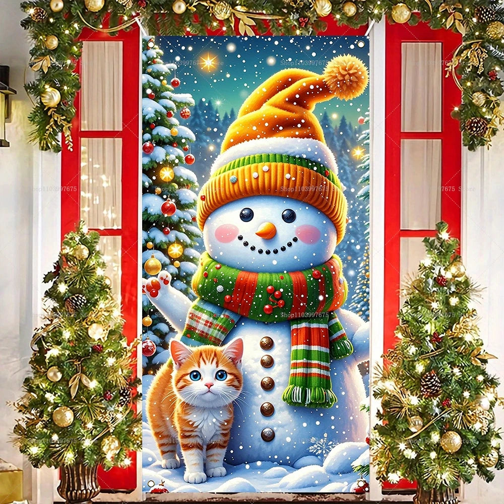 Christmas Decorations Door Cover Banner Cute Snowman Bear Gift Backdrop Xmas Party Indoor Outdoor Background Decor Supplies