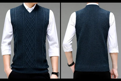 Stylish V-neck Jacquard Knit Sleeveless Sweater Vest for Men Middle-aged Men Fashion Solid Color Warm Top