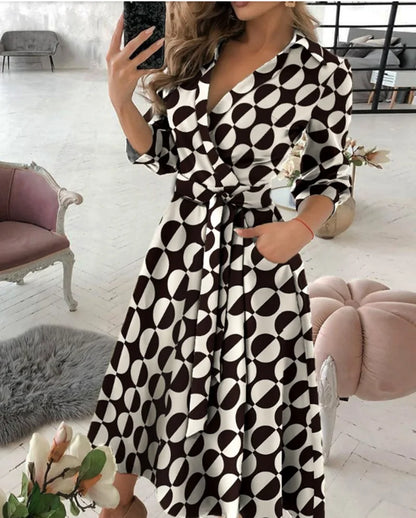 Office Women Casual Sashes A-Line Wrap Summer Dress 2025 Print Long Sleeve V-Neck Dress Pocket Elegant Midi Party Dress Vestidos