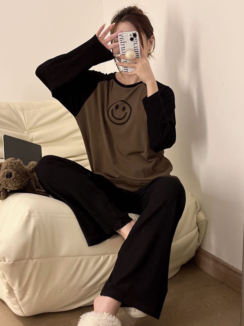 Women Spring Autumn Pajamas Set Female Solid Long-sleeved Pant Home Clothing Simple Loose Casual Smile Face Print Sleepwear XXL