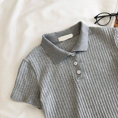 Women Knit School Polo Neck Cropped Shirt Summer Short Sleeve Youthful Solid Color Crop Top Female Basic Blouse Lady Pullover