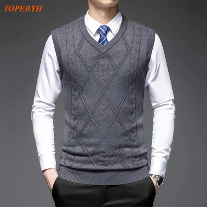 2025 New Trend Men's Business Casual Pullover Wear Warm Sleeveless Wool Knitted Sweater Vest Tops