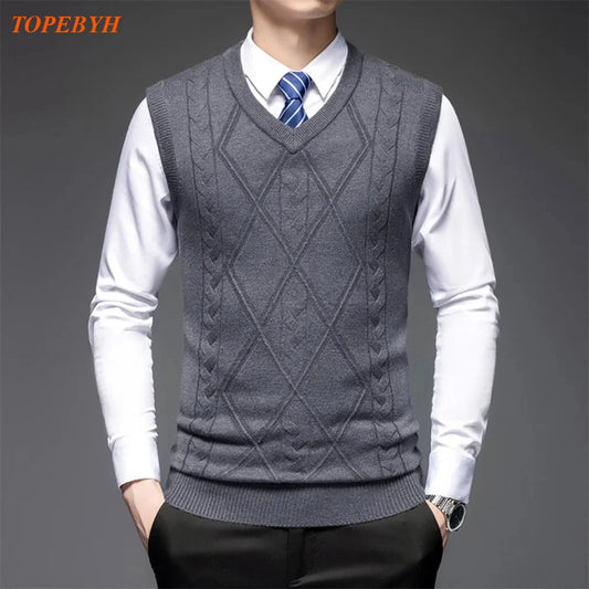 2025 New Trend Men's Business Casual Pullover Wear Warm Sleeveless Wool Knitted Sweater Vest Tops