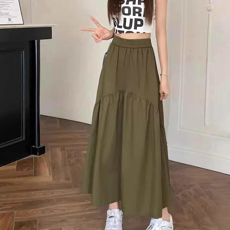 Spring Summer Women Chiffon Skirts Vintage High Waist Elastic Patchwork White Black Chic Long Cake A-line Skirt for Student