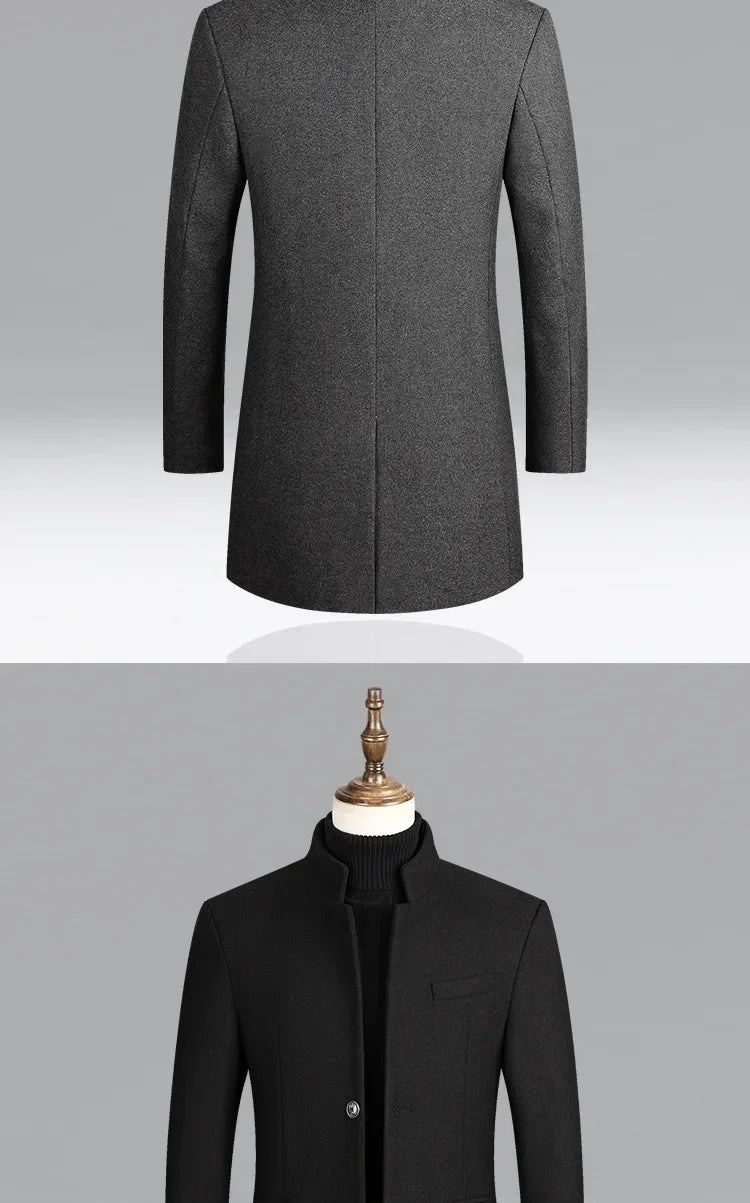 Men's Autumn Winter Long Woolen Coats Men's Business Office Casual Slim Solid Wool Windbreaker Thicken Warm Trench Jacket