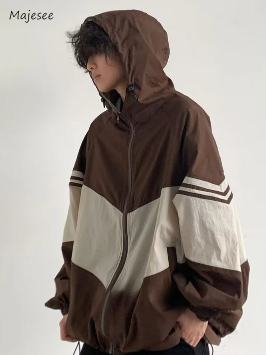 Men Jackets Hooded Baggy Patchwork Contrast Color Fashion Comfortable Waterproof Leisure Daily Retro Outer Japanese Style Chic