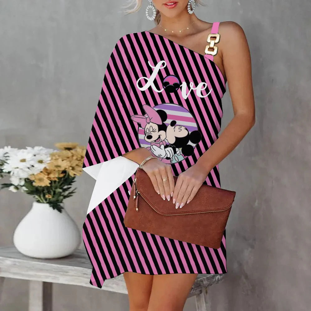 Disney Diagonal Collar One-Shoulder Party Dresses Minnie Mouse Dress Mickey Elegant Dresses for Women Evening Luxury Sexy Collar