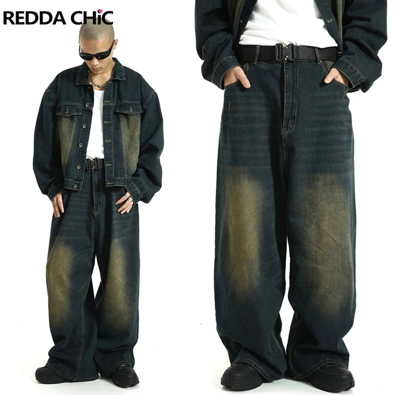Big Size Green Wash Men Barrel Baggy Jeans Y2k Retro Adjust-waist Casual Wide Pants Oversized Skater Hip-hop Streetwear