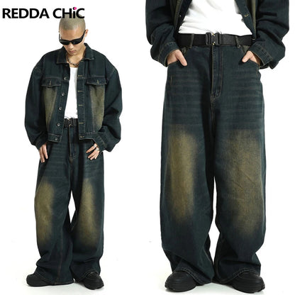 Big Size Green Wash Men Barrel Baggy Jeans Y2k Retro Adjust-waist Casual Wide Pants Oversized Skater Hip-hop Streetwear