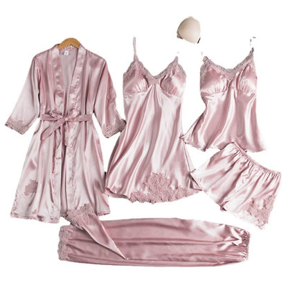 5PC Silk Robe Sleep Suit Women's Lace Satin Pajamas Gown Set V-Neck Cami Nighties Wear Pajama Home Nightwear Spring Nightdress