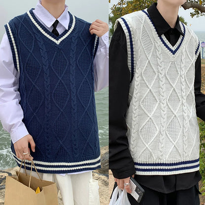 Men's Classic Contrast Color Thermal V-Neck Comfortable Cardigan Sleeveless Slight Stretch Solid Vest Simple Loose Waistcoat Tops