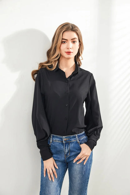 Lantern Sleeves Vintage Shirts Women Elegant White Women's Blouse with Lush Sleeves 2025 Fashion Button Up Shirt Black dropship
