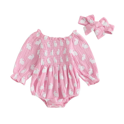 Tregren Infant Baby Girls Valentine's Day Romper Heart Print Long Sleeve Boat Neck Jumpsuits Spring Fall Bodysuits with Headband