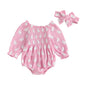 Tregren Infant Baby Girls Valentine's Day Romper Heart Print Long Sleeve Boat Neck Jumpsuits Spring Fall Bodysuits with Headband