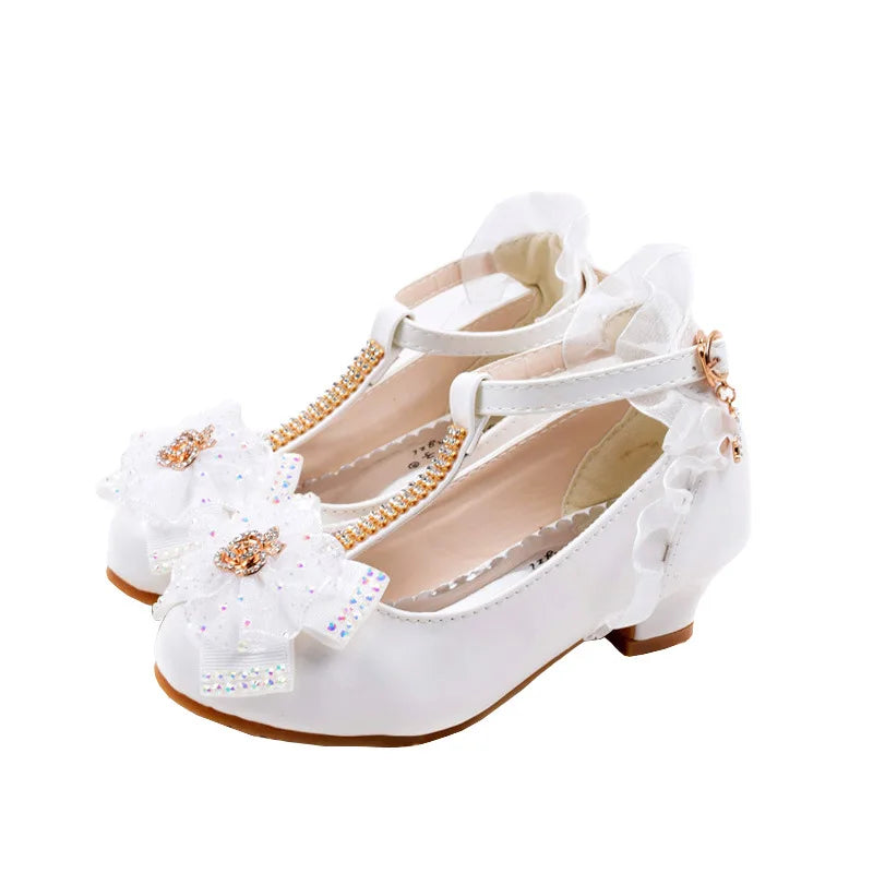 Children's Leather Shoes Girls High Heels White Princess Shoes Spring Autumn Kids Crystal Bow Party Student Performance Shoes