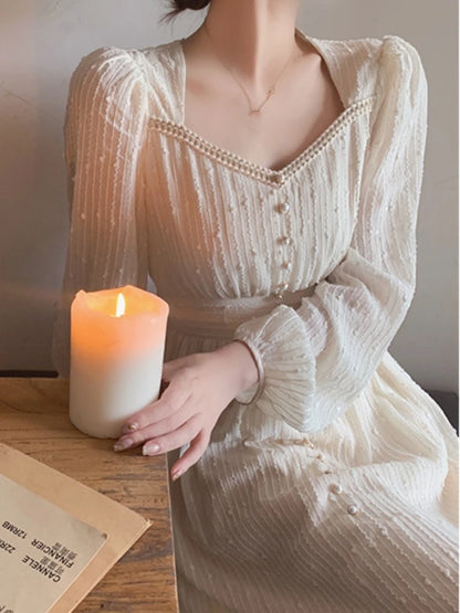 2025 Summer New Women Fashion Elegant White Midi Dresses Vintage Princess Female Party A Line Clothes Prom Robe Vestdios