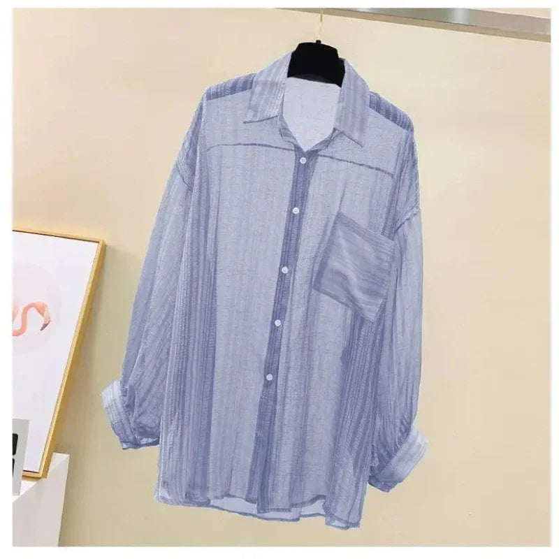 Shirts Women Sheer Thin Chic Summer Simple Solid Sun-proof Temper Fashion Baggy All-match Basic Korean Style Clothes
