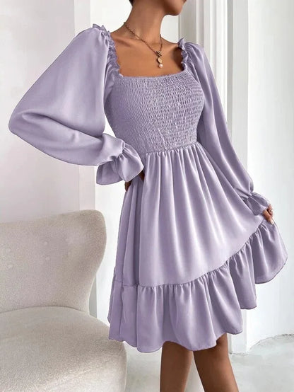 Women's Dress Simple Square Neck Solid Color Long Sleeve Dress Parallel Crepe Seam Body Bell Sleeves Ruffle Hem Dress Women