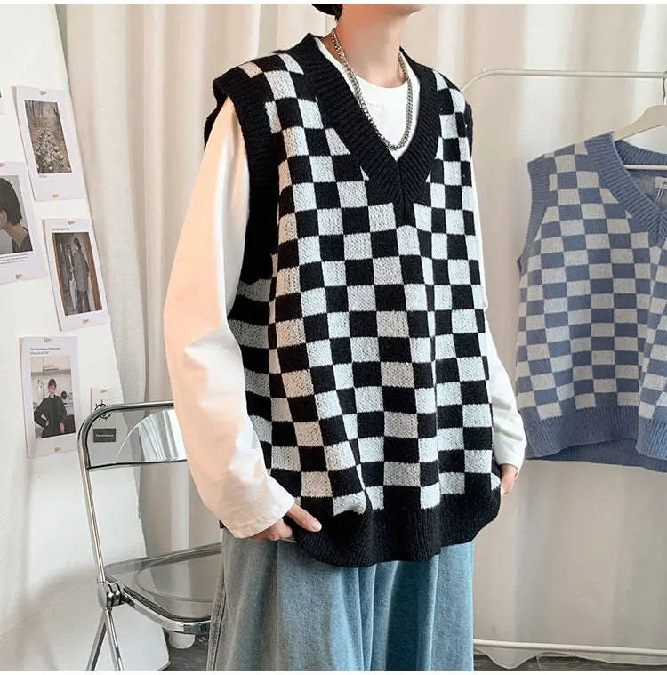Men Knitted V Neck Japanese Vintage Loose Sleeveless Plaid Vests Chic Pullovers Chaleco Hombre Blue Checkerboard Sweater Vest