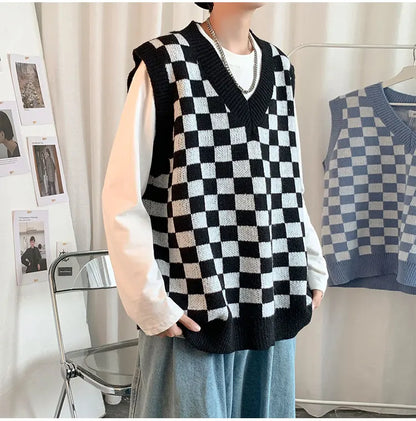 Men Knitted V Neck Japanese Vintage Loose Sleeveless Plaid Vests Chic Pullovers Chaleco Hombre Blue Checkerboard Sweater Vest