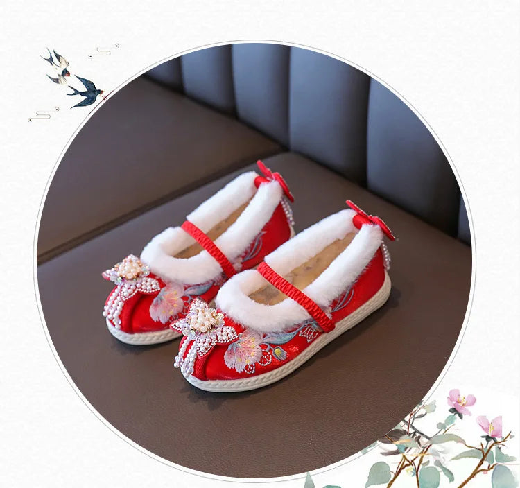 Kids Princess Embroidery Shoes Girls Winter Warm Cotton Shoes Traditional Chinese Style Children Hanfu Performance Flats Shoes