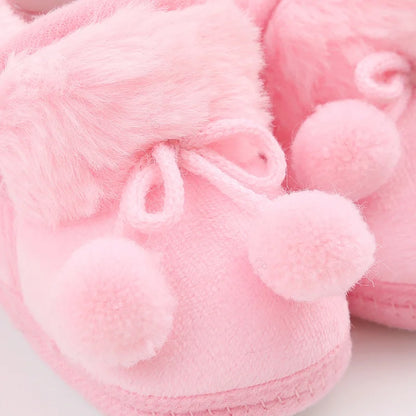 Winter Snow Baby Boots Faux Fur Warm Fluff Balls Indoor Cotton Soft Sole Infant Newborn Toddler Baby Shoes 0-18M