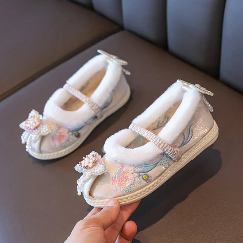 Kids Princess Embroidery Shoes Girls Winter Warm Cotton Shoes Traditional Chinese Style Children Hanfu Performance Flats Shoes