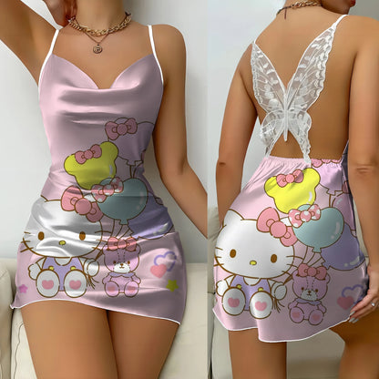 Mini Dress Pajama Skirt Hello Kitty Sexy Dresses Off Shoulder Bow Knot Satin Surface Women's Fashion Summer 2024 Short Party Lace