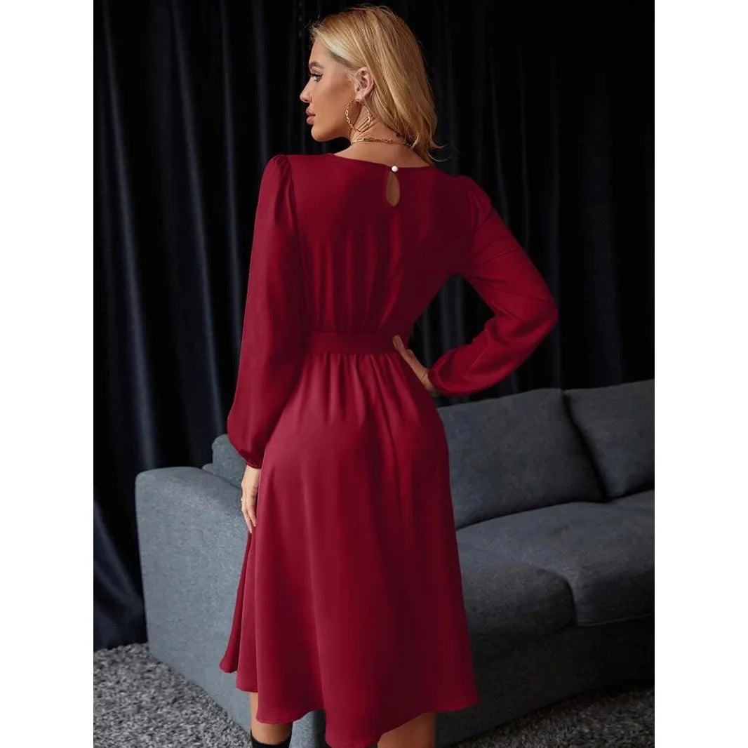 Summer Women's New Fashion Lantern Sleeves Keyhole Back Lace Up Waist Satin Round Neck Long Sleeve Medium Length Dress